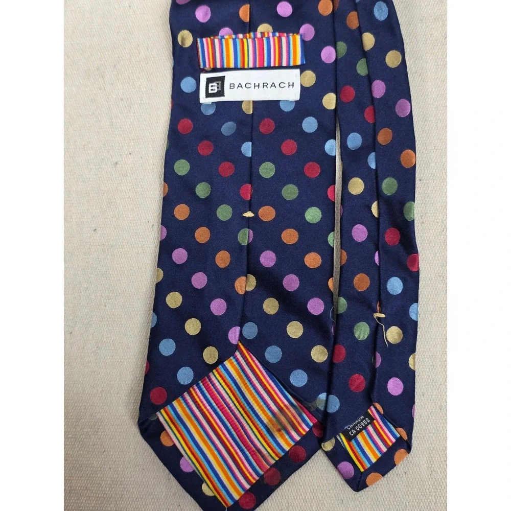 Bachrach Mens Silk Necktie Navy Blue Multi‎ Color Polka Dot Made in Canada